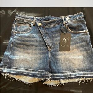 Blue Jean Shorts with Distressed Raw-Edge Hem